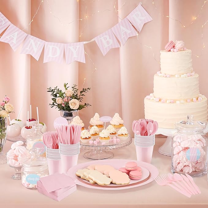 Aodaer 200 Pieces Pink Party Supplies Disposable Dinnerware Set Include Plastic Plates Cups Knives Forks Spoons Paper Napkins for Birthday Wedding Graduation Parties, Serve 25 Guests