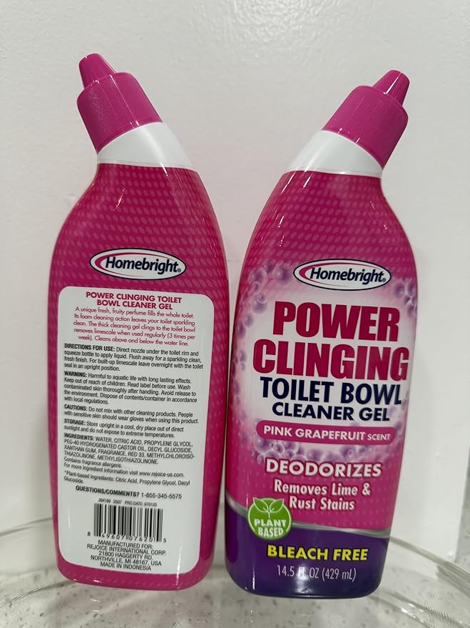 HOMEBRIGHT Power Clinging Toilet Bowl Cleaner Gel, Pink Grapefruit Scent, Bleach Free, 14.5 fl oz, 2 Pack