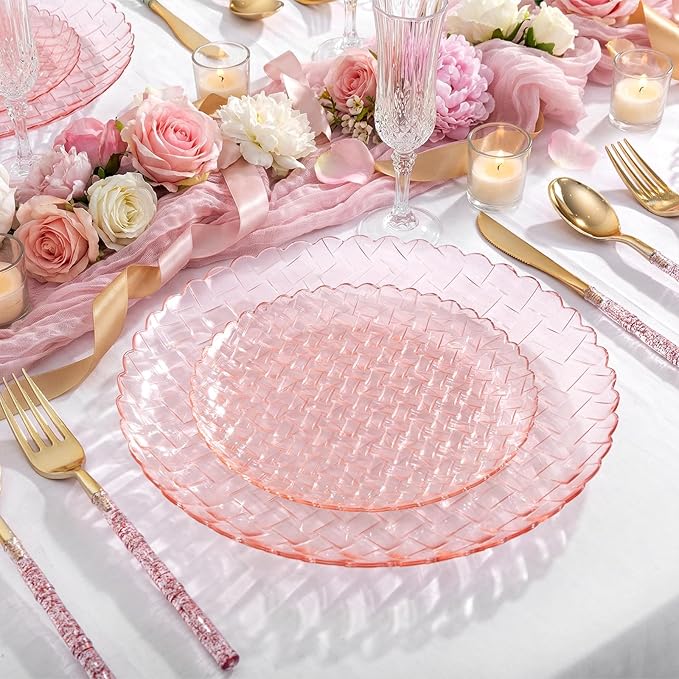 Festiva 60PCS Clear Pink Plastic Plates - Heavy Duty Weave Pattern Fancy Disposable Plates -serve for 30 guests Include 30PCS 10" & 30PCS 7" Plates for Birthday & Easter Party(Pink)