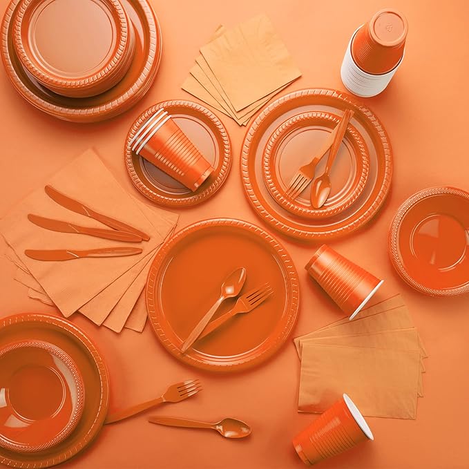 Amcrate Disposable Plastic Plates Orange, 10.4 Inches Plastic Dinner Plates, Strong and Sturdy Disposable Plates for Party, Dinner, Holiday, Picnic, or Travel Party Plates, Pack of 50