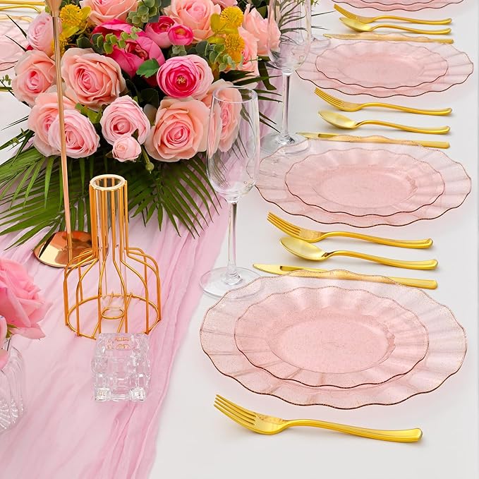 60Pcs Premium Pink Plastic Plates, Fancy Clear Pink and Gold Glitter Disposable Plate, Elegant Wedding Plate Set include 30 Dinner & 30 Dessert Plates for Wedding(30Guests)