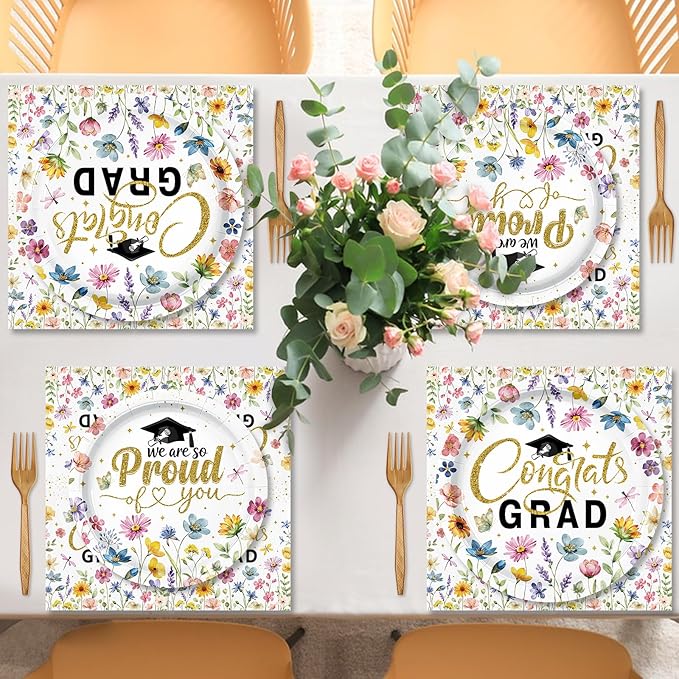 100 Pieces Graduation Party Tableware Set – Congrats Grad Floral Plates, Napkins and Forks, Wildflower Disposable Dinnerware for Class of 2026 Graduation Party Supplies