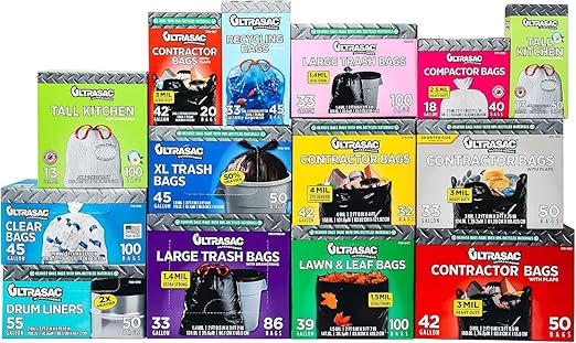 Ultrasac Heavy Duty 45 Gallon Trash Bags Huge 50 Count/w Ties) - 1.8 MIL - 38" x 45" - Large Black Plastic Garbage Bags for Contractor, Industrial, Home, Kitchen, Commercial, Yard, Lawn, Leaf