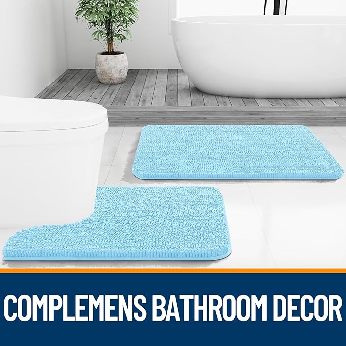 OLANLY Bathroom Runner Rugs 44x24, Soft Absorbent Chenille Bath Rugs, Rubber Backing Quick Dry, Machine Washable Long Bath Mats for Bathroom Floor, Tub and Shower, Home Decor Accessories, Sky Blue