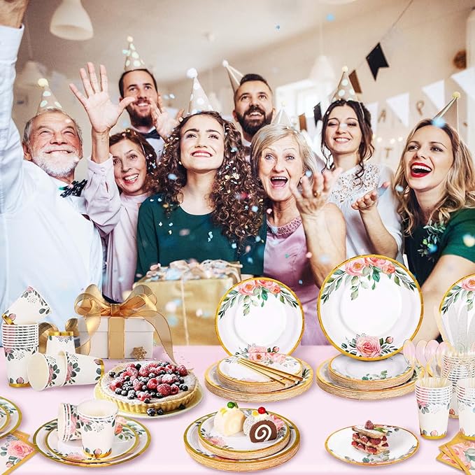 168PCS Floral Plates and Napkins Party Supplies,Vintage Floral Paper Plates Set With Gold Rim Serve 24 Guests,Floral Disposable Plates Tea Party supplies for Adults Bridal Shower Decorations