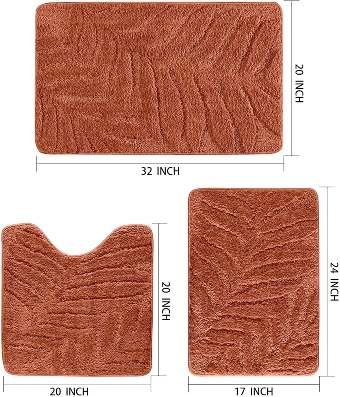 Bath Rugs Set 3 Pieces Bathroom Mat Soft Absorbent Plush Shaggy Soft Floor Non Slip Shower Bath Tub Machine Washable (Spice-Leaf, 20"x32"/20"x20"/17"x24")