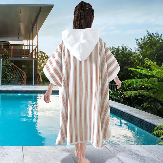 VOOVA & MOVAS Hooded Poncho Towel for Teens Unisex 100% Cotton Cozy Breathable Beach Camping Bath Cover Up Beige Red Stripe