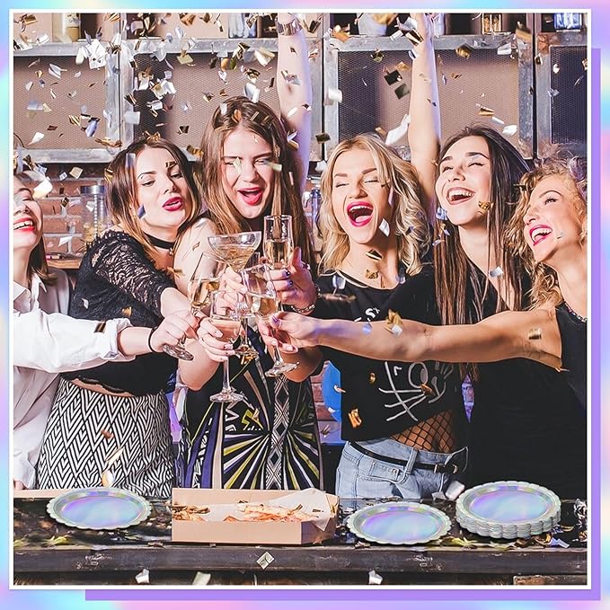 NatNarr 30 Pcs Iridescent Paper Plates Disposable 7 Inch Scalloped Holographic Plates Sliver Cake Dessert Plate for Graduation, Birthday, Mermaid, Disco