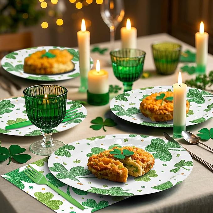 96 Pieces St. Patrick's Day Shamrock Plates and Napkins Tableware Set, Green Lucky Clover Disposable Dinnerware with Paper Plates, Napkins, and Forks for Irish Party Supplies- Serves 24