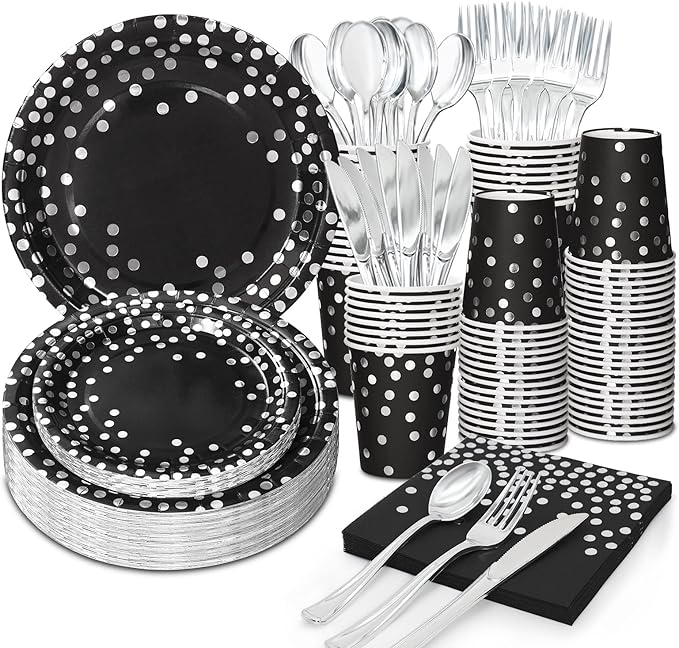 168Pcs Black and Silver Party Decorations, Black Plates and Cups and Napkins Sets Severs 24, Birthday Decorations for Prom Graduation Birthday Happy New Year Party