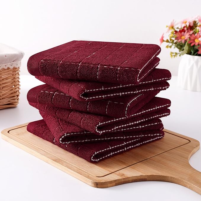 Homaxy 100% Cotton Terry Kitchen Dish Cloths, Ultra Soft and Absorbent Dish Towels for Kitchen, Suitable for Drying and Washing Dishes, 12 Pack, 12 x 12 Inches, Burgundy Red