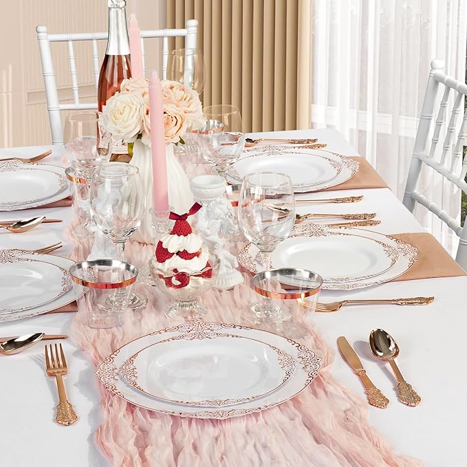 Bestluck 350PCS Rose Gold Plastic Plates for 50 Guests, Disposable Dinnerware Sets Include 100 Rose Gold Rim Plastic Plates, 50 Silverware and Cups, 50 Pre Rolled Napkins for Party, and Graduation