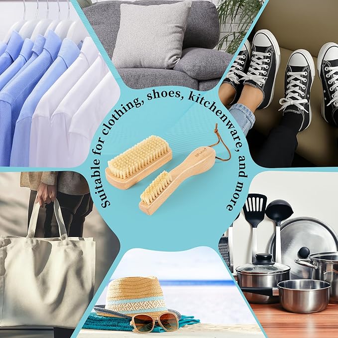 BFWood Laundry Stain Brush - Natural Soft Boar Bristle for Scrubbing Out Tough Stains on Delicate Fabrics, Knits, Cotton, Linens, No Damage (Set-2PCS)