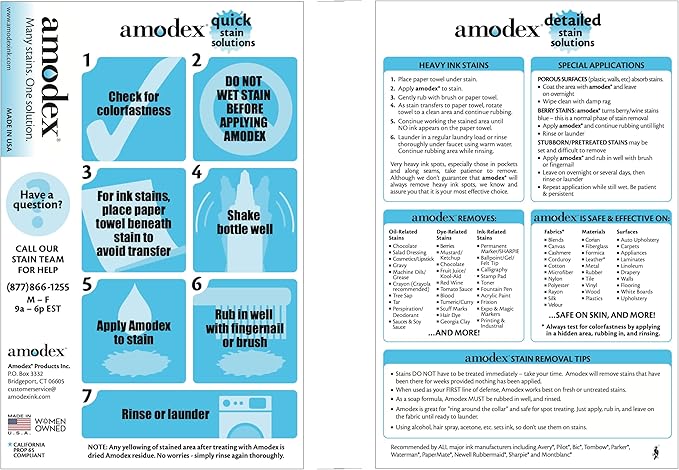 Amodex Ink & Spot Remover for Clothes, Leather and Skin - Removes Ink, Ballpoint, Sharpie, Grease and More, Works on Set-in Stains, Gentle but Powerful, 4oz/120ml Bottle