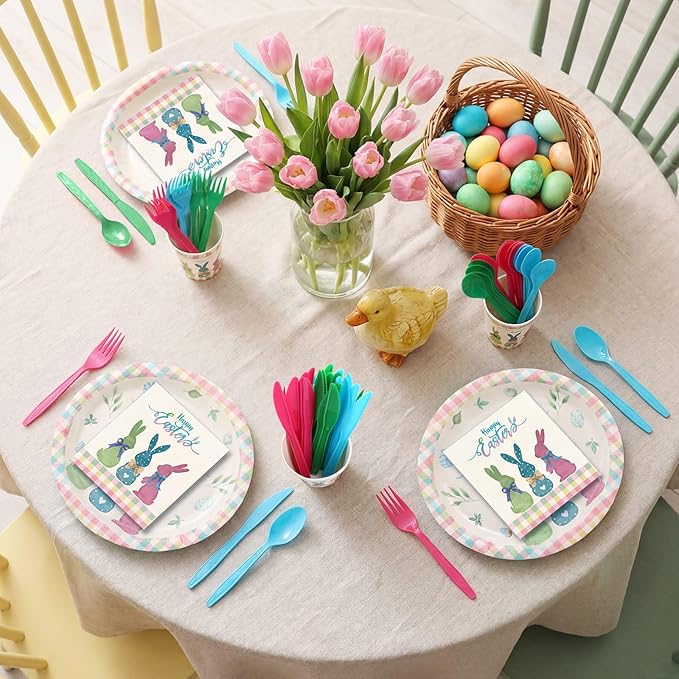 Havawish 350 Pcs Easter Bunny Party Supplies Happy Easter Disposable Tableware Set Pastel Buffalo Plaids Bunny Eggs Oval Paper Plates Cups Napkins Fork Knife Spoon for Spring Party Table Decorations