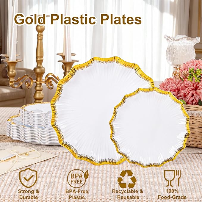 DaYammi 60Pcs White Plastic Plates with Gold Rim,Gold Disposable Plates - Heavy duty Plastic Plates Include 30 Dessert Plate,30 Dinner Plate,White gold Scalloped plates for Party Wedding