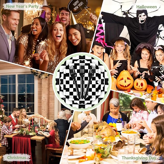 Mulbozy 100 Black Checkered Plates and Napkins Disposable Set Includes 25-9" & 25-7" Dessert Cake Scalloped Plates, Cocktail Napkins, Forks for for Holiday Party Supplies