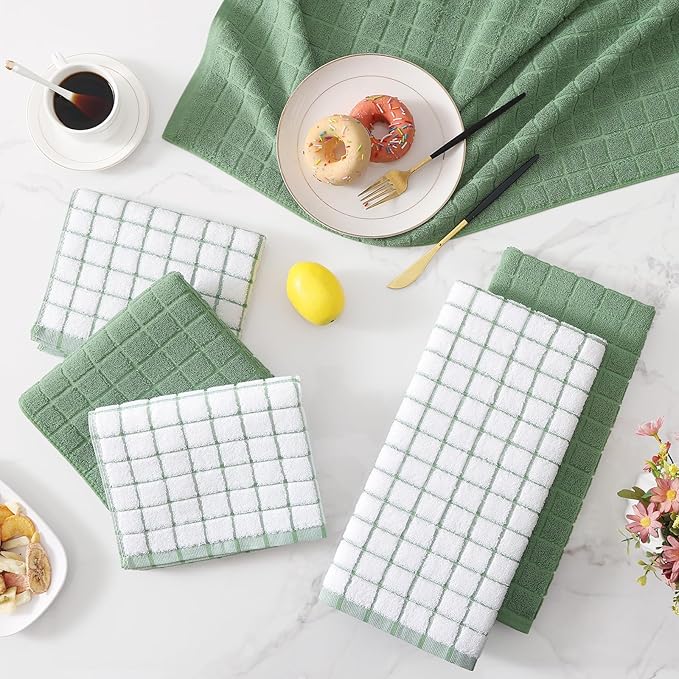 Homaxy Premium Cotton Kitchen Towels 16"x 28", Large Natural Ring Spun 390 GSM Dish Towels, Super Absorbent Terry Kitchen Hand Towels, Soft Tea Towels with Hanging Loop, Grass Green Design, 4 Pack