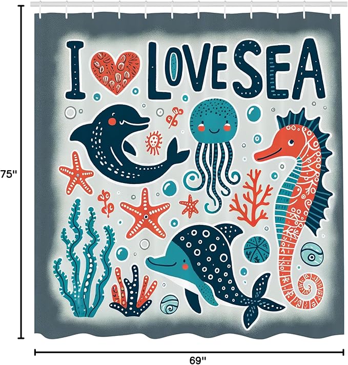Ambesonne Nautical Shower Curtain, I Love Sea Lettering Happy Ocean Scenario Seahorse Dolphin Jellyfish Funny, Cloth Fabric Bathroom Decor Set with Hooks, 69" W x 75" L, Blue Coral Coconut