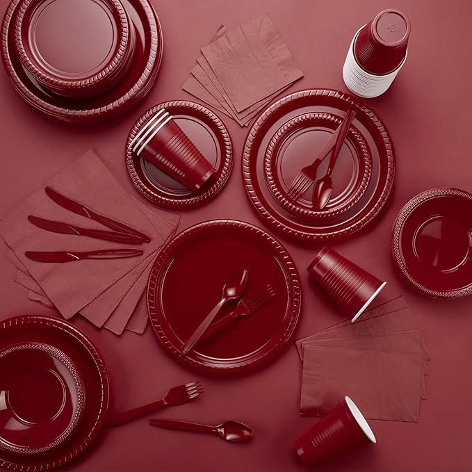 Amcrate Burgundy Plastic Dinner Plates, 10.4 Inches, Strong & Sturdy for Parties, Dinners, Holidays, Picnics, Travel - Pack of 50