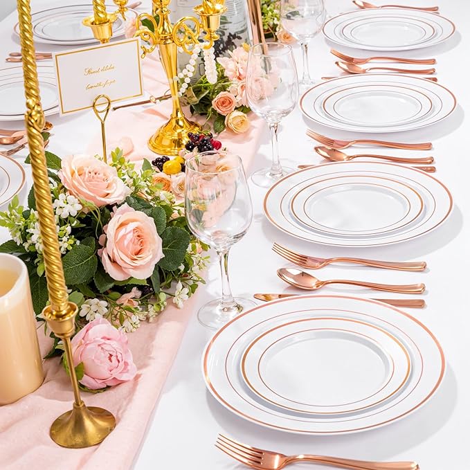 I00000 200 Pcs Rose Gold Plastic Plates, Disposable Party Plates Include 100 Gold Dinner Plate 10’’ and 100 Disposable Dessert Plate 7’’ Perfect for Party, Wedding & Birthday