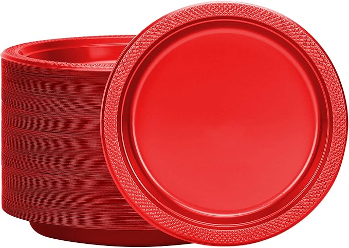 Hanna K. Signature Red Plastic Plates 7 Inch 600 Count – Heavy Duty Disposable Dinner Plates Bulk for Catering, Weddings & Events