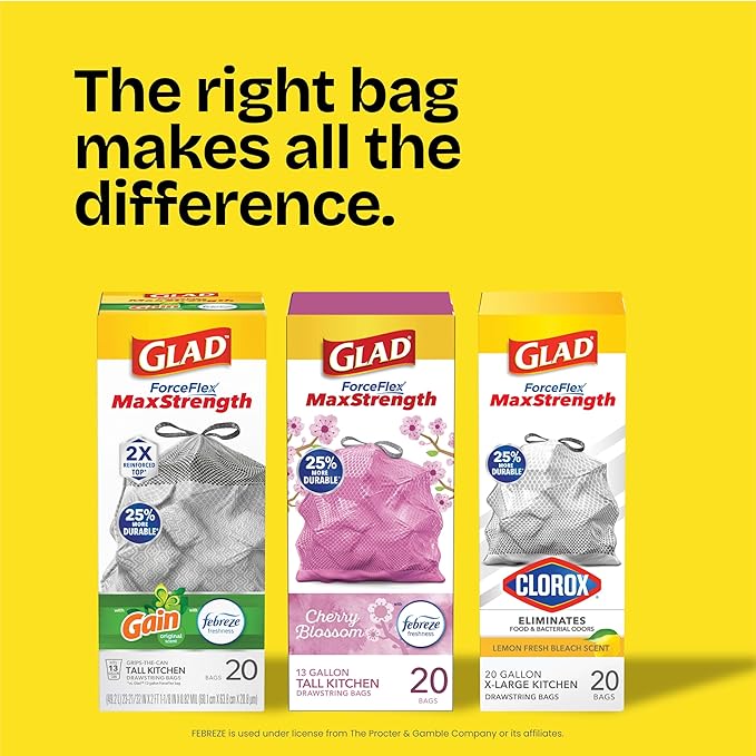 Glad Medium Trash Bags, 8 Gallon, Lemon Fresh Bleach Garbage Bags, Resists Bacterial Odors with Drawstring, 80 Count
