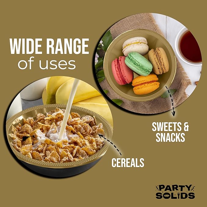 Party Solids 12 Oz Gold Plastic Bowls Disposable Bowls for Hot Food Soup 50 Pcs - For Soup, Salad, Cereal, Desserts & Party Supplies