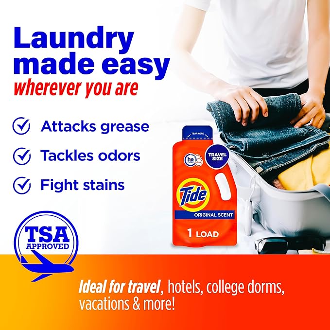 Tide Cruise Essentials Bundle - Includes Liquid Detergent, Tide Stain Remover Wipes, Stain Remover Pen & Downy Wrinkle Releaser Spray - Travel and RV Essentials Pack