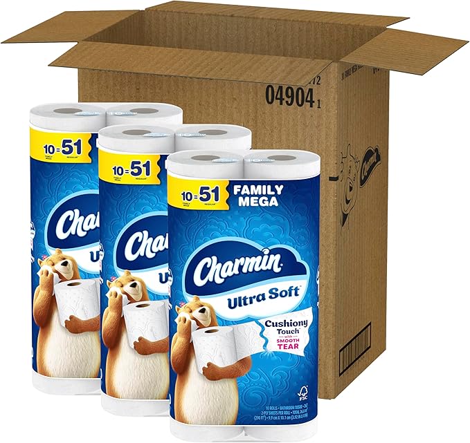 Charmin Ultra Soft Cushiony Touch Toilet Paper, 30 Family Mega = 153 Regular Rolls, 2-Ply, White
