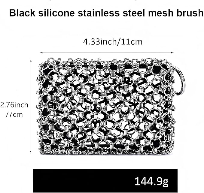 NTMY 316 Stainless Steel Pan Cleaner with Silicone Core – 4.5 Inch Dish Pot Brush,Cast Iron Scrubber, Metal Dish Scrubber,Chain Mail Scrubber for Oven&Grill Kitchen Cleaning Black
