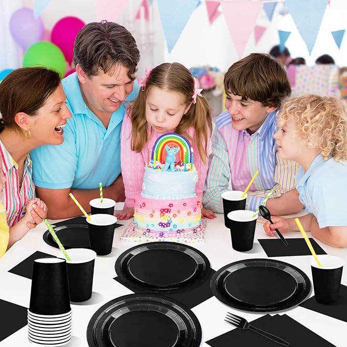 228PCS Black Party Supplies Set Include Paper Plates Cups Black Napkins Plastic Spoons Forks Knives for 30 Guests Disposable Party Dinnerware for Birthday Wedding Family Picnic