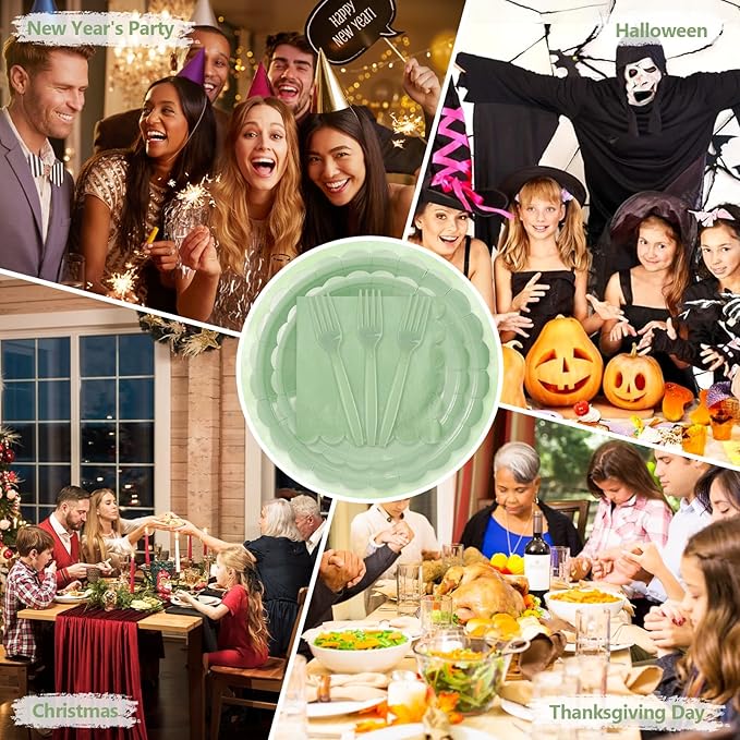 Mulbozy 100 Sage Green Paper Plates and Napkins Disposable Set Includes 25-9" & 25-7" Dessert Cake Scalloped Plates, Cocktail Napkins, Forks for for Holiday Party Supplies