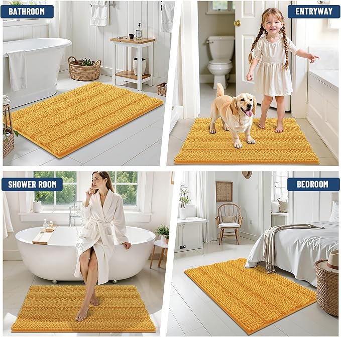 Grandaily Chenille Striped Bathroom Rugs 36x24, Extra Thick and Soft Absorbent Bath Mats, Rubber Backing, Plush Shaggy Shower Carpet, Machine Wash Dry, Bath Rug for Bathroom, Golden Yellow