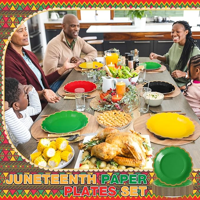 96 Pcs Red Green Yellow Black Paper Plates 7 Inch Scalloped Juneteenth African American Festival Disposable Dessert Plates for Black History Month Bridal Wedding Birthday Party Supplies