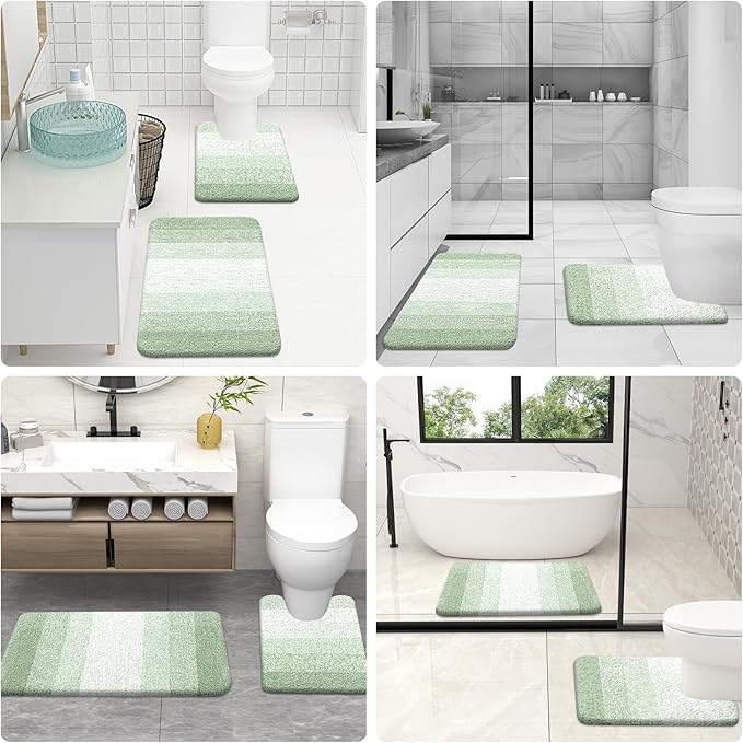 OLANLY Bathroom Rugs Sets 3 Piece, Soft Absorbent Microfiber Bath Mats and U-Shaped Contour Toilet Rug, Plush Shaggy Bath Mat Set for Bathroom (47"x20"+24"x16"+24"x20", Sage Green)