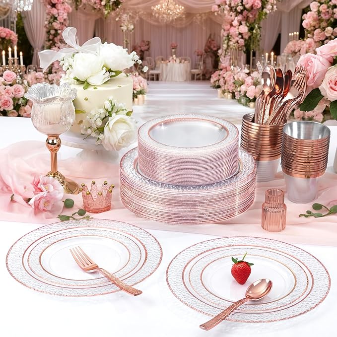 Ciaell 150PCS Rose Gold Plastic Plates – Disposable Plates with Rose Gold Plastic Silverware include 50Plates, 25Forks, 25Knives, 25Spoons, 25Cups for Wedding & Party