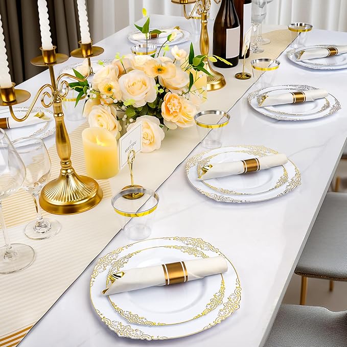 Realluck 350 PCS White and Gold Plastic Plates, Plastic Dinnerware Set for 50 Guests, 100 Disposable Plates, 150 Silverwares, 50 Cups, 50 Napkins for Party, Wedding, Graduation