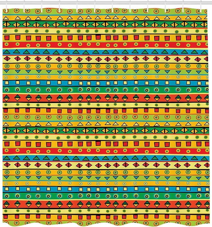 Ambesonne Striped Shower Curtain, Playroom Backdrop Joyful Square Triangle Abstract Image, Cloth Fabric Bathroom Decor Set with Hooks, 69" W x 75" L, Multicolor