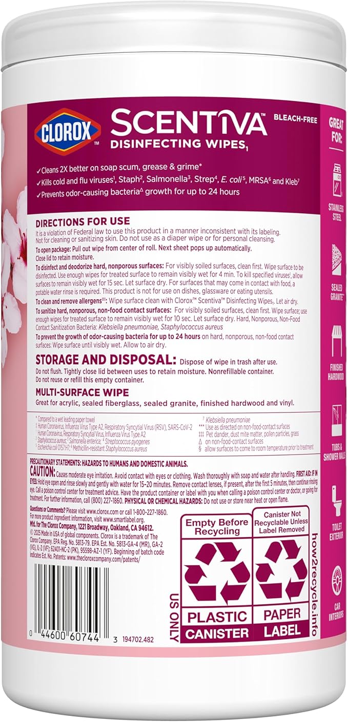 Clorox Scentiva Disinfecting Wipes, Cherry Blossom and Peach, Antibacterial, 75 Count