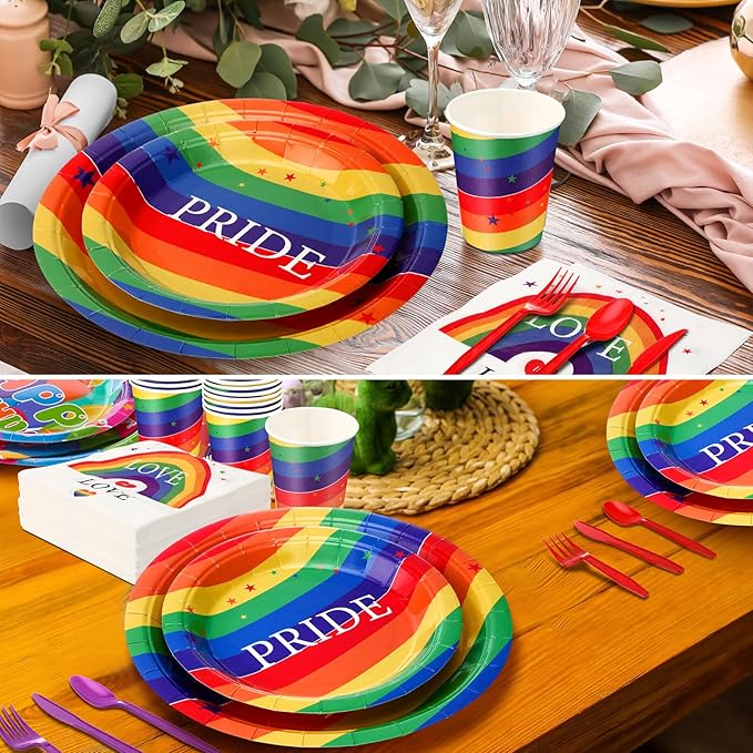FillTouch 350 Pcs Rainbow Gay Pride Month Lgbtq Party Supplies Set Rainbow Disposable Paper Plates Love Napkins Cups Knives Forks Spoons for 50 Guests Gay Pride Party Parade Club Festival Events