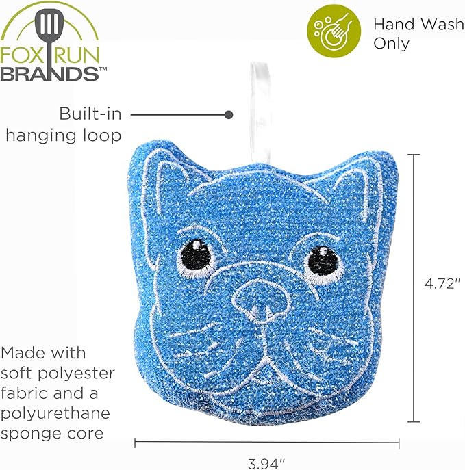 Fox Run Bulldog Kitchen Scrubber Set, Multicolor Pack of 3 Dog Sponges, 4.25" Non-Abrasive Cleaning Pads