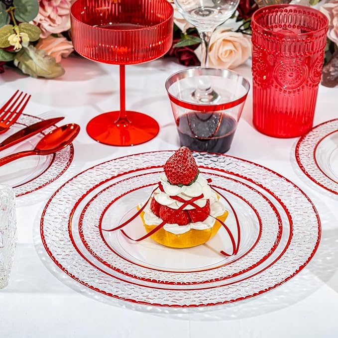 Ciaell 350 PCS Clear and Red Plastic Plates – Red Dinnerware Set for 50 Guests Include 100 Plastic Plates, 50 Pre Rolled Napkins with Cutlery Set, 50 Cups for Wedding & Party