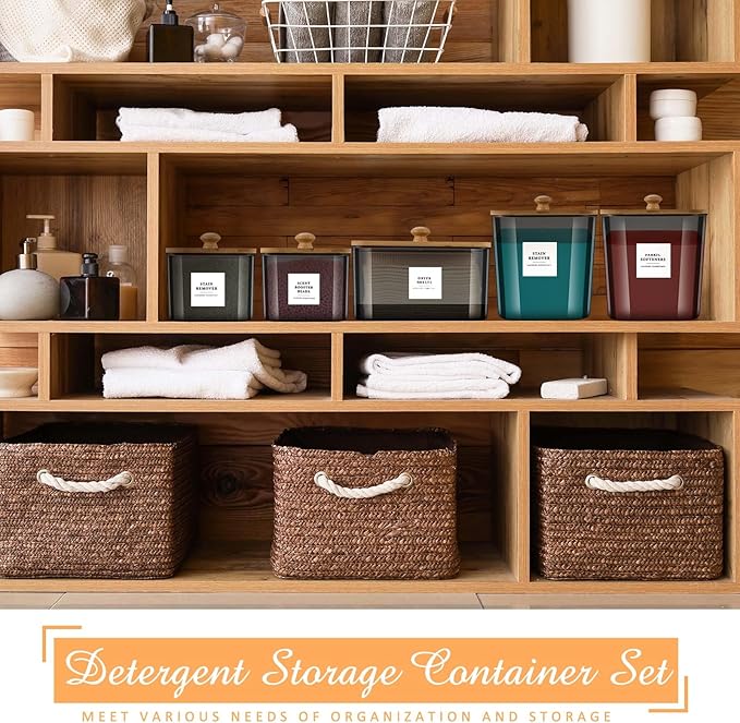 Cinnvoice 5 Pcs 3 Sizes Laundry Powder Container Plastic Laundry Organizer and Storage Jars with Lids Scoops and Labels Laundry Detergent Storage for Laundry Room Organization