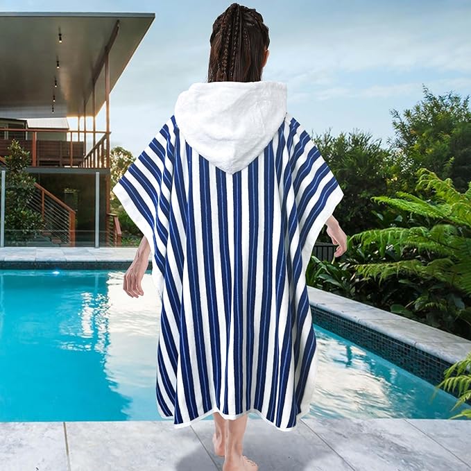 VOOVA & MOVAS Hooded Poncho Towel for Teens Unisex 100% Cotton Durable Timeless Beach Pool Swim Cover Up Navy Blue Bold Stripe