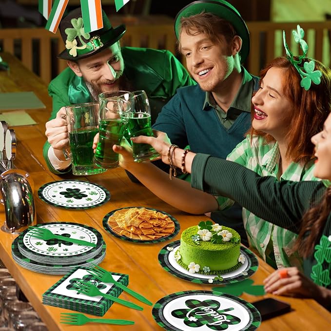 96 Pieces St. Patrick’s Day Tableware Set – Green and Black Plaid Shamrock Disposable Plates, Napkins, and Forks for Irish Party, Lucky Clover Celebration St. Paddy’s Day Dinner – Serves 24 Guests