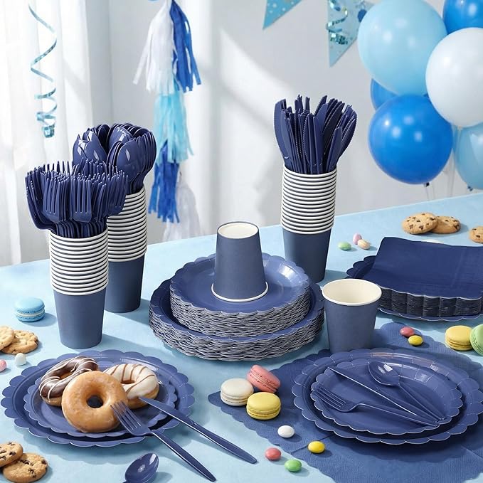 Ziliny 350 Pcs Navy Blue Plates and Napkins, 50 Guest Graduation Party Supplies Include Scalloped Paper Plates Napkins Cups Plastic Spoons Forks Knives Disposable Tableware Set for School Graduate