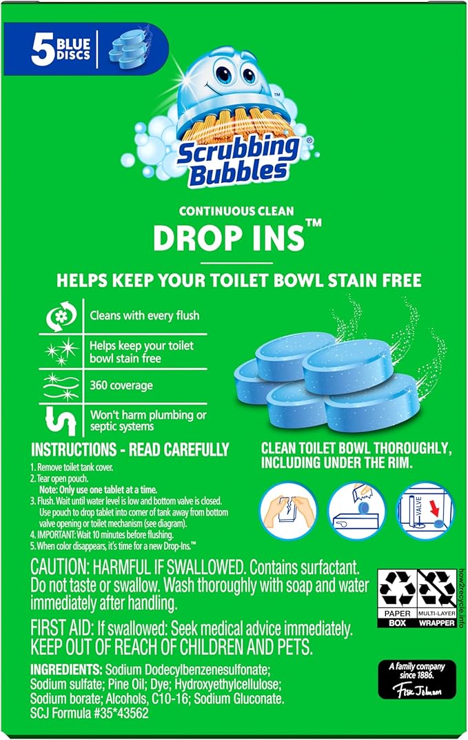 Scrubbing Bubbles Continuous Clean Toilet Drop-Ins, Automatic Blue Toilet Bowl Cleaner, Septic-Safe Tank Tablets Remove Hard Water Minerals & Limescale, Stain & Smell Protection, 5 Count (Pack of 6)
