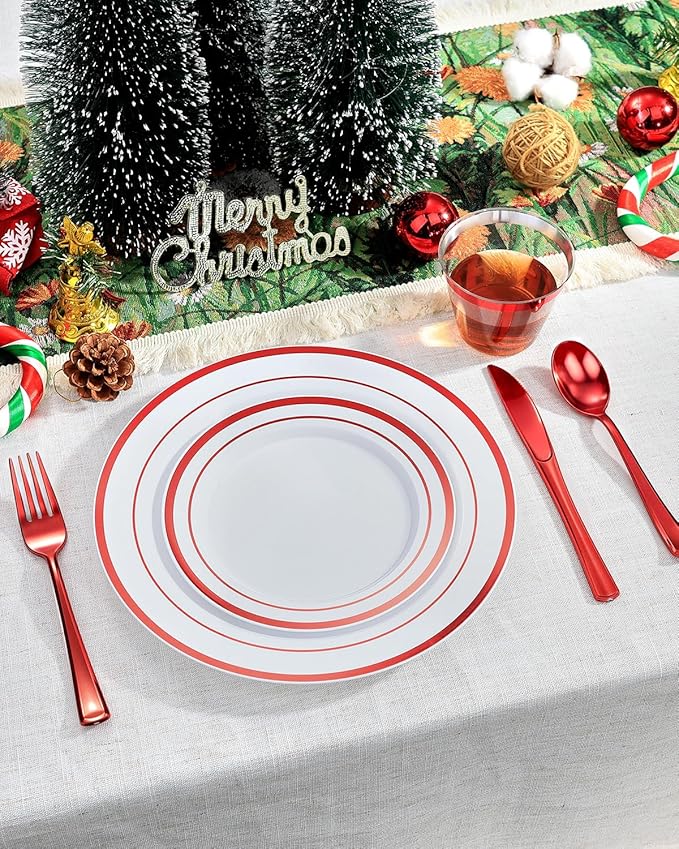 Goodluck 350 Piece Red Plastic Dinnerware Set for 50 Guests, Fancy Disposable Plates for Party, Include: 50 Dinner Plates, 50 Dessert Plates, 50 Pre Rolled Napkins with Silverware, 50 Cups