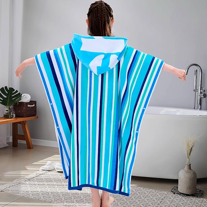 VOOVA & MOVAS Teens Boys Hooded Poncho Towels (8-16Years), 100% Cotton Absorbent Poncho Towel Robe for Kids, Perfect for Pool, Beach, Bath and Gifts, Blue Green Stripe
